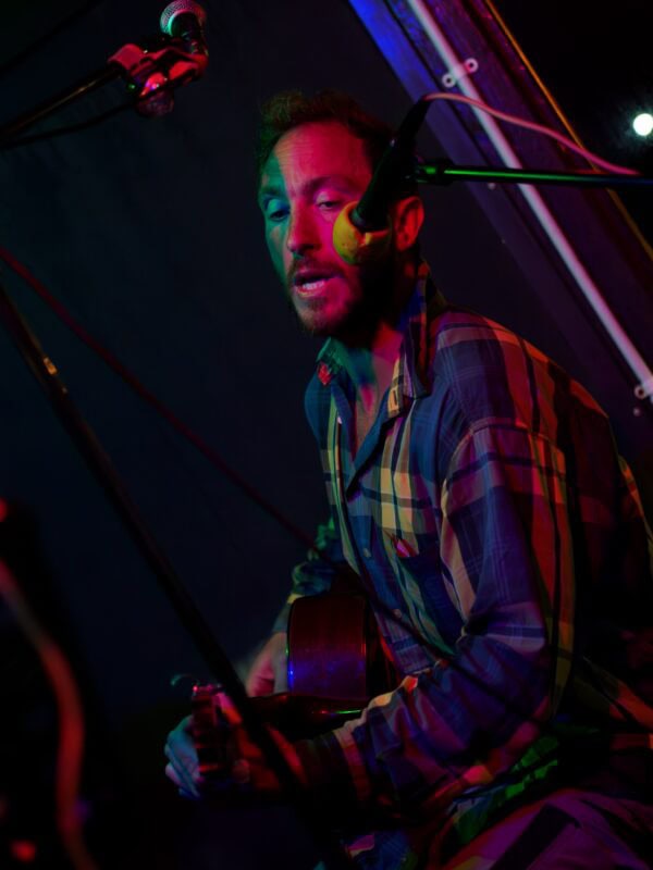 A man playing the guitar and singing.