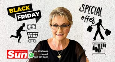 A woman with various Black Friday and shopping illustrations.