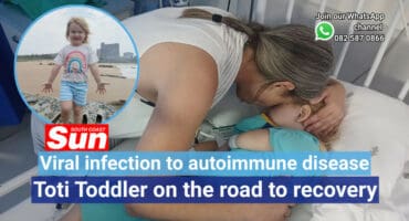 Inset photo: A little girl at the beach. A mother comforting her sickly child on a hospital bed.