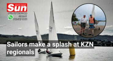 A yacht in the ocean. Inset: Two sailors.