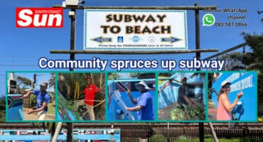 A photo of a subway sign. Inset: Five photos of people cleaning up a subway.