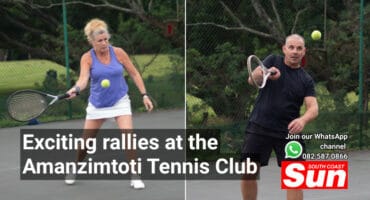 A woman and a man playing tennis.