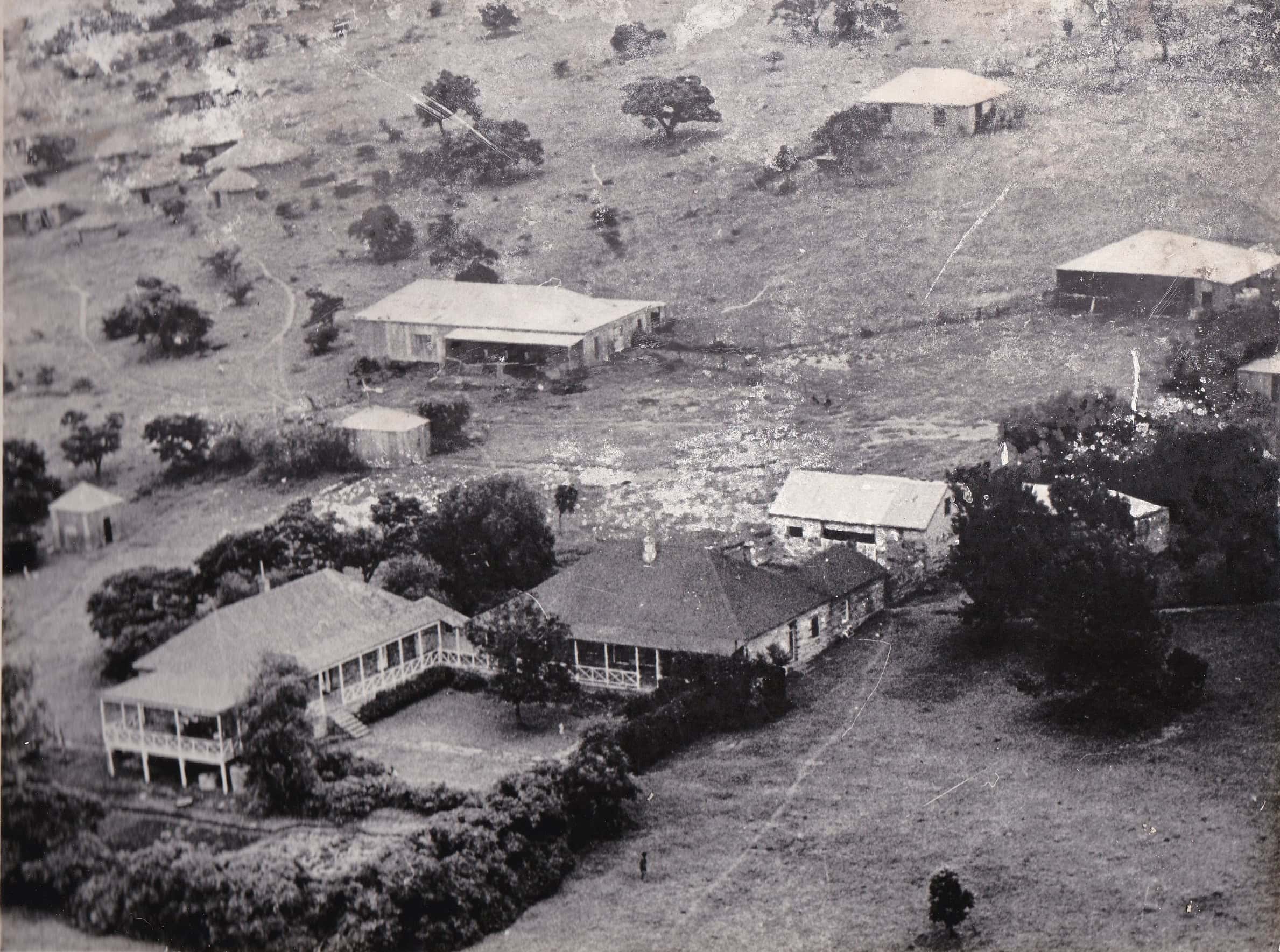 An overhead view of a farm property.