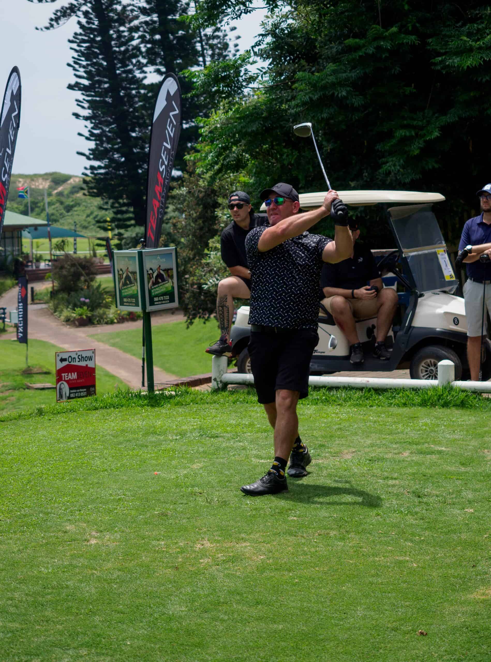A golfer plays golf.