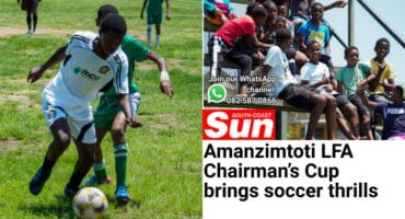 Soccer players fighting for possession. Top right: Children in grandstands.