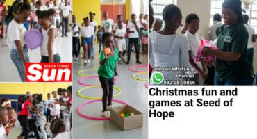 Children playing games like tug of war, hula hoop jump and throw and the balloon balance challenge.