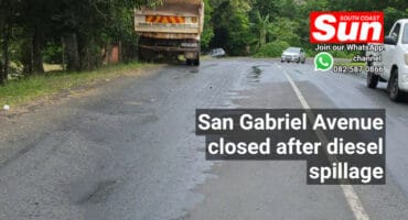 A truck. On the road behind it, diesel spillage.