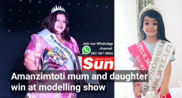 A woman modelling, a girl with a sash and award.