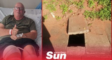 a man in a hospital bed, right: a sidewalk concrete slab moved off