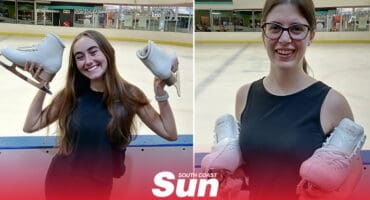 two woman smiling and holding ice skating shoes