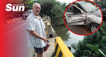 a man standing by on a river bridge, inset is a totalled motor vehicle