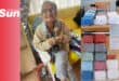 an elderly woman knitting blocks for blankets