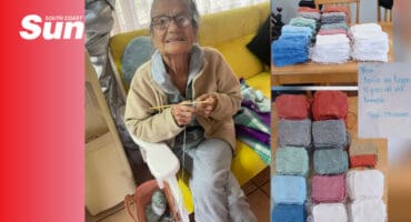 an elderly woman knitting blocks for blankets