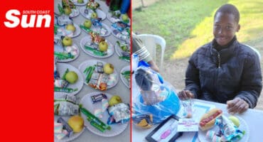 a dog training learner eating treats from his graduation function
