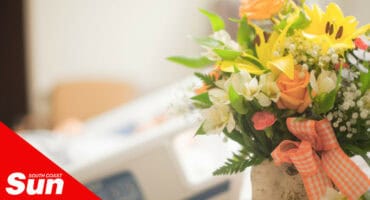 flowers in the foreground and a hospital bed in the background
