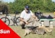 a man with his bicycle and multiple cats, eating food