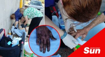left: two woman cleaning an elderly beggar up, inset: the dirty hand of a man, right: a caregiver tending to an elderly man's hand