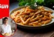 a creamy tomato and garlic penne pasta dish, inset is the chef holding the plate of food in her kitchen