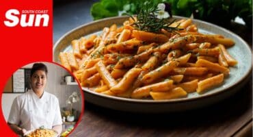 a creamy tomato and garlic penne pasta dish, inset is the chef holding the plate of food in her kitchen