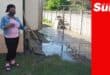 a woman with a mask points out sewage overflow in the backyard of a residence