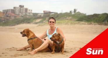 a woman sitting on the beach with her two dogs