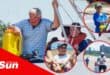 a ski boat skipper on his boat smiling, inset photos of children fishing
