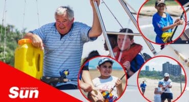 a ski boat skipper on his boat smiling, inset photos of children fishing