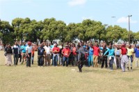 Workers chant songs as they take part in the national automotive industry strike in Montclair on Tuesday, 10 September.