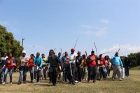 Workers chant songs as they take part in the national automotive industry strike in Montclair on Tuesday, 10 September.