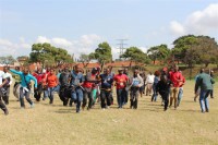 Workers chant songs as they take part in the national automotive industry strike in Montclair on Tuesday, 10 September.