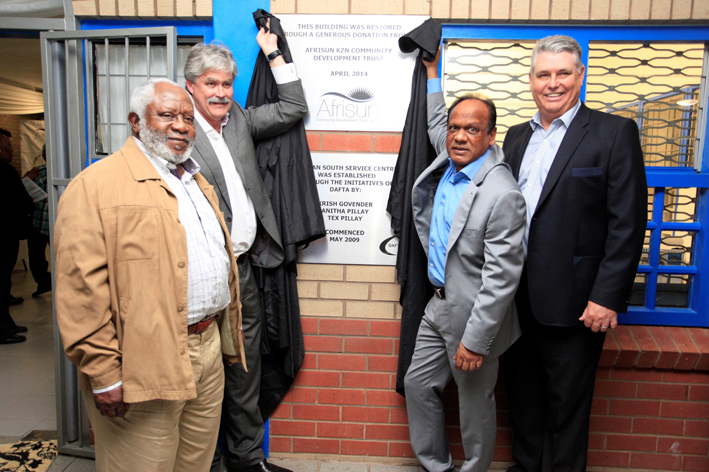 Celebrating a R3 million Restoration for the Durban Association For The Aged (DAFTA) South Service Centre in Merebank by the Afrisun KZN Community Development Trust are from left to right: Judge Vuka Tshabalala (Afrisun Trustee), Tristan Kaatze (Chairman of Afrisun Trust), Vivian Reddy (Afrisun Trustee and Chairman of Sibaya) and Melville Vogel (General Manager of Sibaya Casino and Entertainment Kingdom).