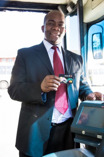 Mayor Nxumalo proudly displays his Muvo card.