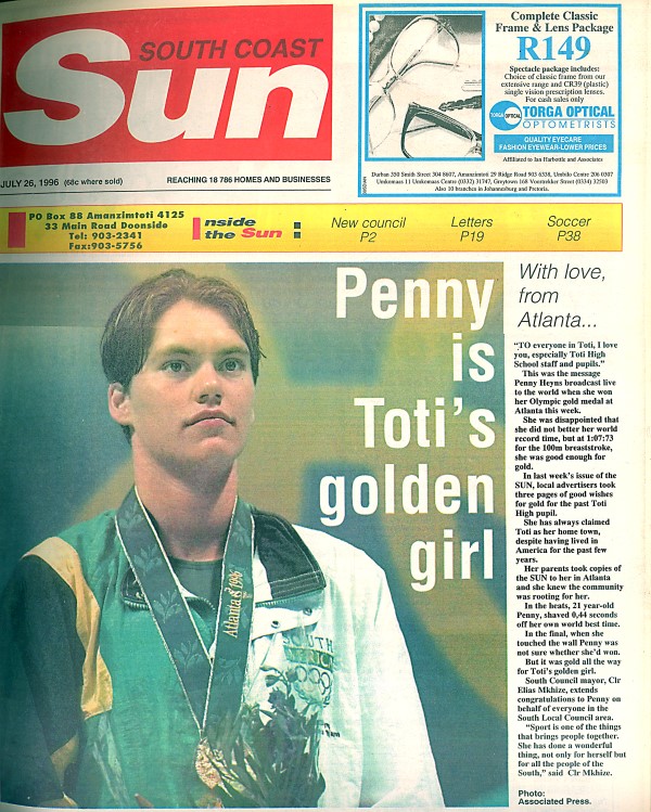 A front page of the South Coast Sun published in 1996 when Penny Heyns won two golds at the Atlanta Olympic Games.