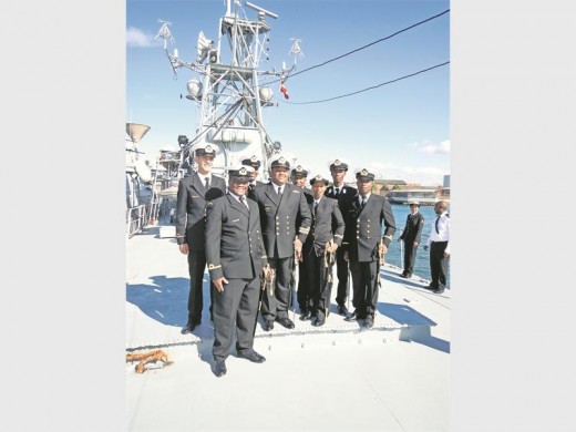 Lt Cdr Mabuse with some of the crew of the SAS Isaac Dyobha.