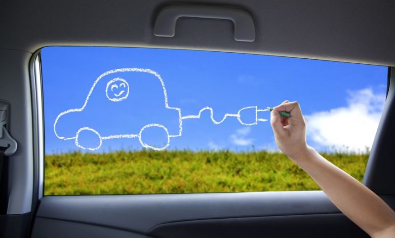 10296052 - hand drawing electric car concept on the car windows