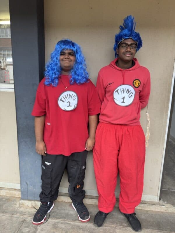 Misheal Somai and Seth Moodley dressed as Dr Seuss’s Thing One and Thing Two.