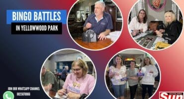 Pictures of different people at bingo night in front of a colourful background with the text bingo battles in Yellowwood Park.