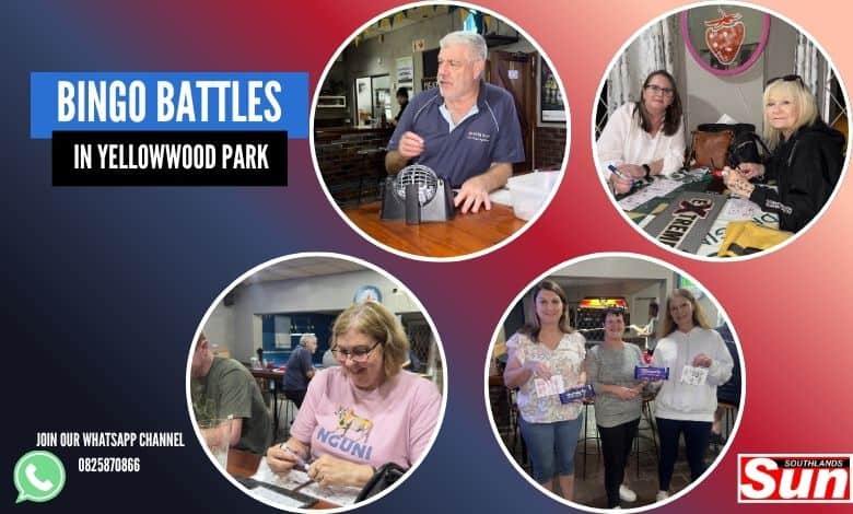Pictures of different people at bingo night in front of a colourful background with the text bingo battles in Yellowwood Park.
