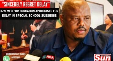 KZN MEC for Education Sipho Hlomuka sitting at a media briefing in the past with text next to his head.