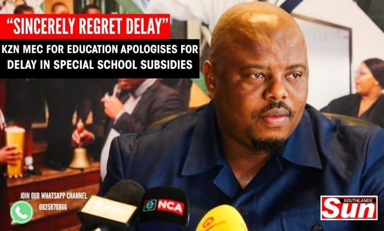 KZN MEC for Education Sipho Hlomuka sitting at a media briefing in the past with text next to his head.