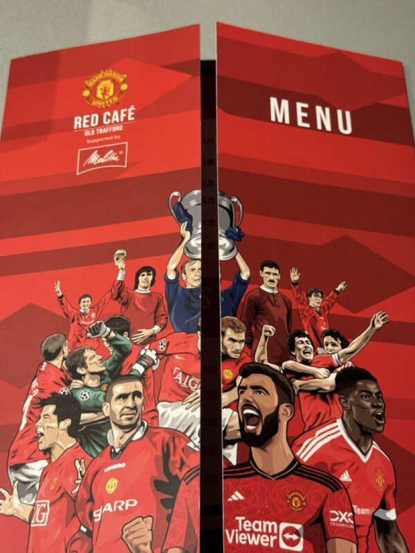 The menu at the Red Café at Old Trafford.
