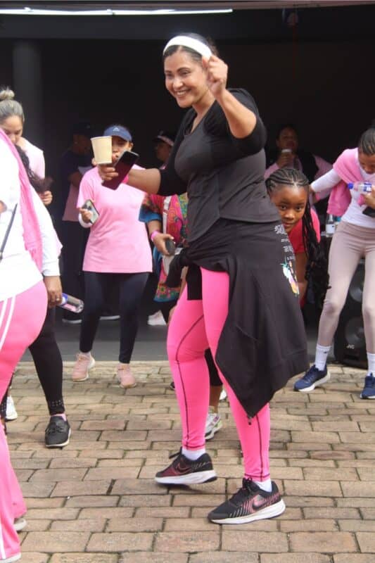 Tanya Frost enjoys some dancing after reaching the end.