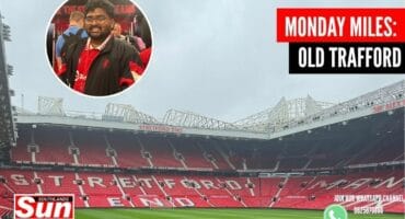 A look at Stretford End and the Old Trafford pitch with an inset of Dillon Pillay journalist for the Southlands Sun.