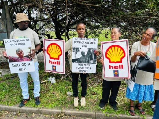 Community members staged a protest outside Sapress offices 
