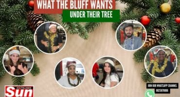 Members of the community in circle frames in front of a Christmas background.