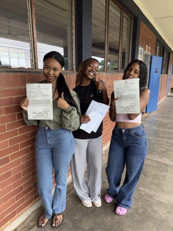 Bluff Christian Academy’s Thato Jobe, Unathi Cele and Zaynique Fynn give a big thumbs up for their results.