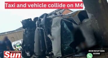 The wreckage of a taxi after crashing on the freeway