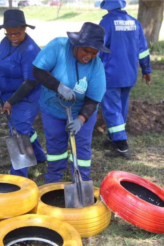 Thobile Vilakazi from the parks department layers the sand in the tyres.