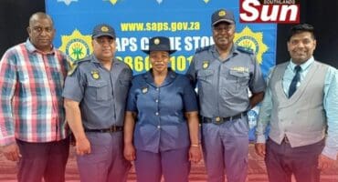 Chairperson of the Montclair Spiritual Crime Unit Pastor Desmond James, Constable Pranesh Manilal, Constable Nora Ndlovu, Constable Velu Perumal Moodley and vice chairperson of the Montclair Spiritual Crime Unit Pastor Caleb Sookhoo at the National Police Day breakfast.