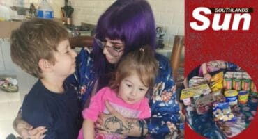 Rochelle Rae and her children Jack and Emma-Rose work together to collect grocery items.